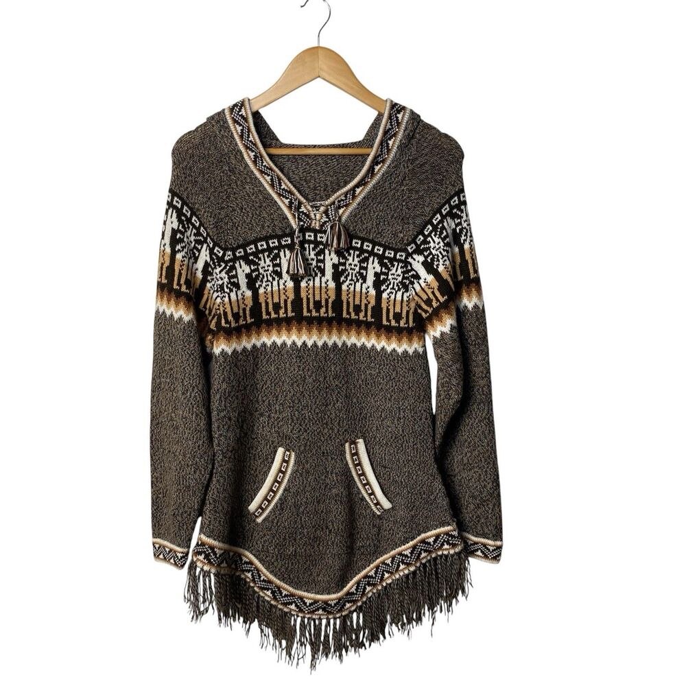 Alpaca Hooded Fringe Sweater XL Peru Llama Fair Isle Knit Boho (Runs Small)